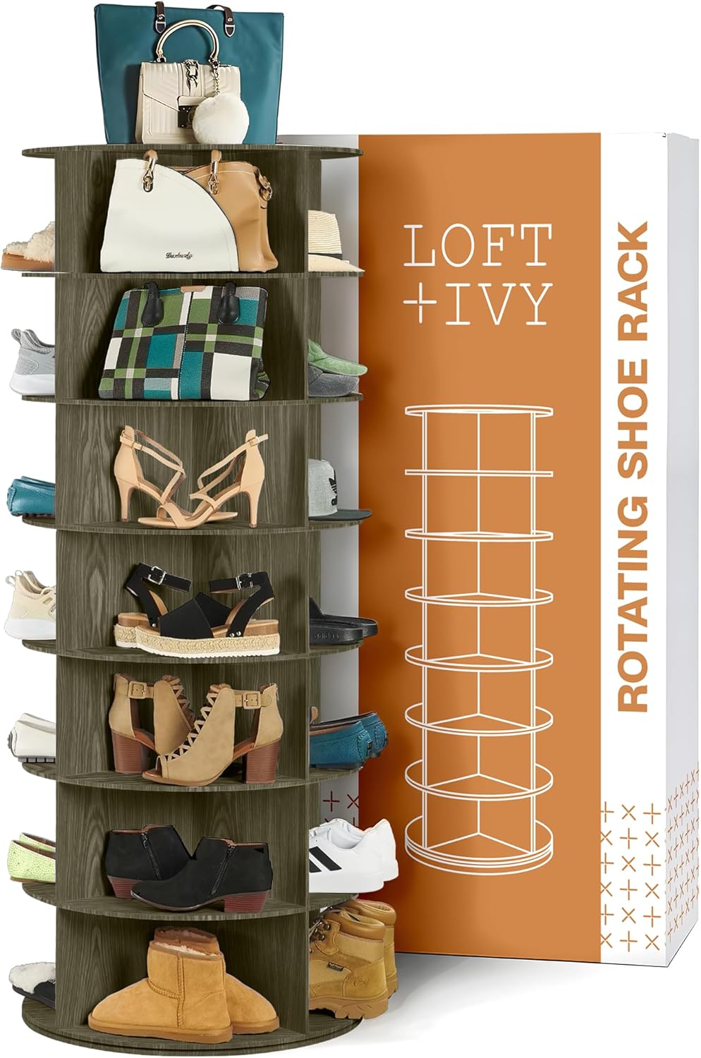 LOFT + IVY 7 Tier Rotating Shoe Rack Tower – 360° Spinning Storage Organizer, Modern Round Shoe Carousel for Closet, Entryway, Bedroom – Space Saving Rotating Lazy Susan Storage Tower